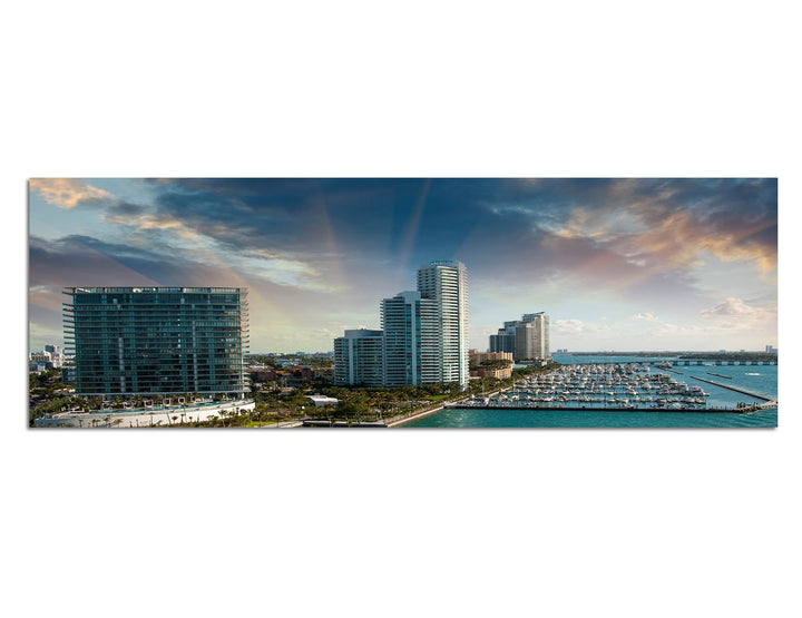 Paul Sinus Art Panoramabild auf Leinwand und Keilrahmen 120x40cm Miami Hochhäuser Hafen Meer Boote W