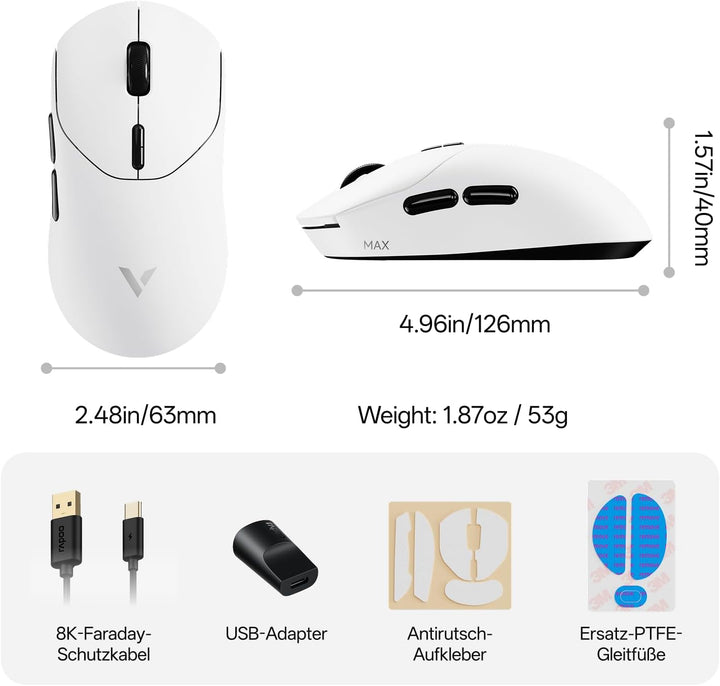 Rapoo VT2 MAX Kabellose Gaming-Maus, 53g Ultraleicht, Native 8000Hz, Nordic | nRF54L15 MCU, 750h Akk