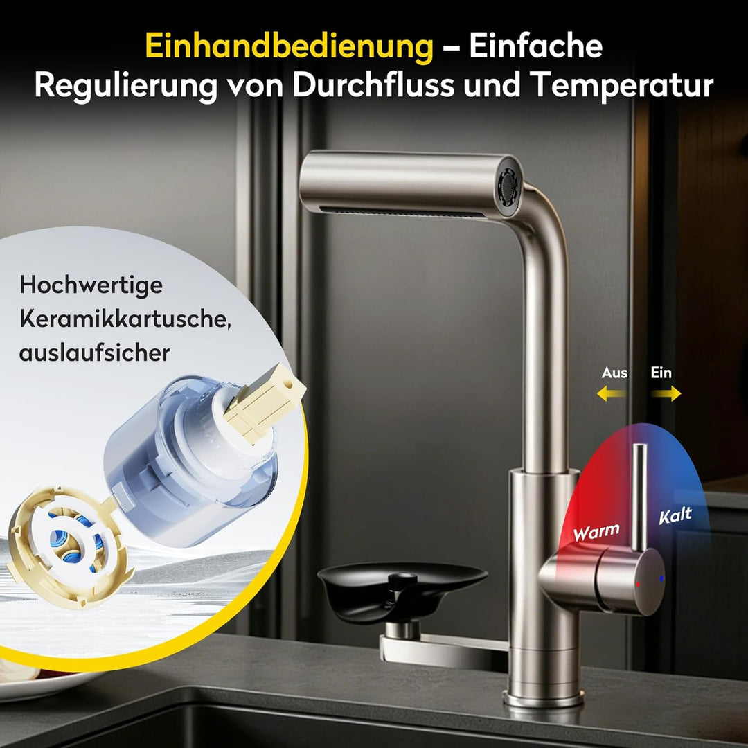 JONKEAN Hochdruck Küchenarmatur mit Brause, Armatur Küche mit Gläserspüler, 360° Drehbar Mischbatter