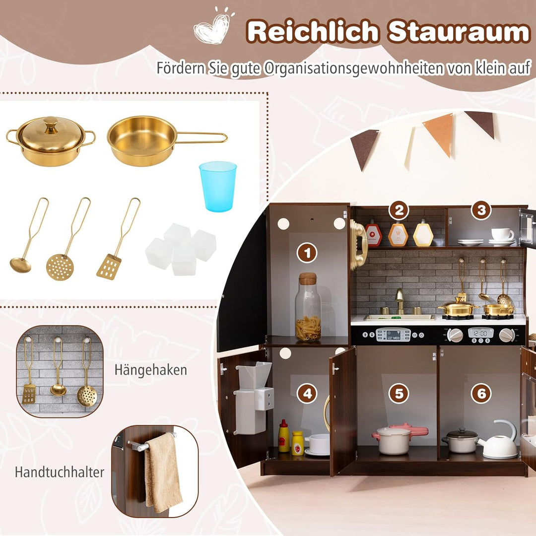 COSTWAY Kinderküche mit 10 Spielzubehör, Spielküche Kinder mit Tafel, Spielzeugküche mit Mikrowelle