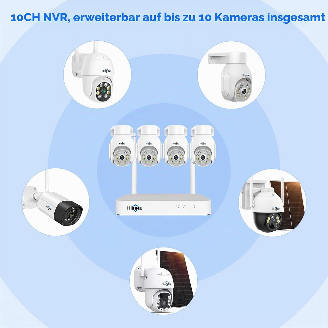 [5MP+PTZ] Hiseeu Überwachungskamera Set Aussen WLAN mit 10CH Wireless NVR,4 Pcs 5MP PTZ WiFi Kameras