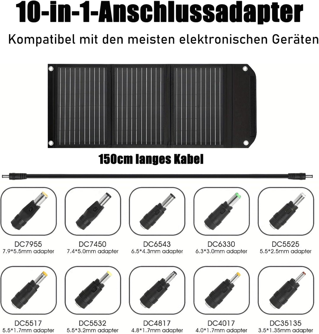 30W Tragbares Faltbares Solarpanel mit Schnellladefunktion, USB-/DC-/Typ-C-Ausgängen, Solarladegerät