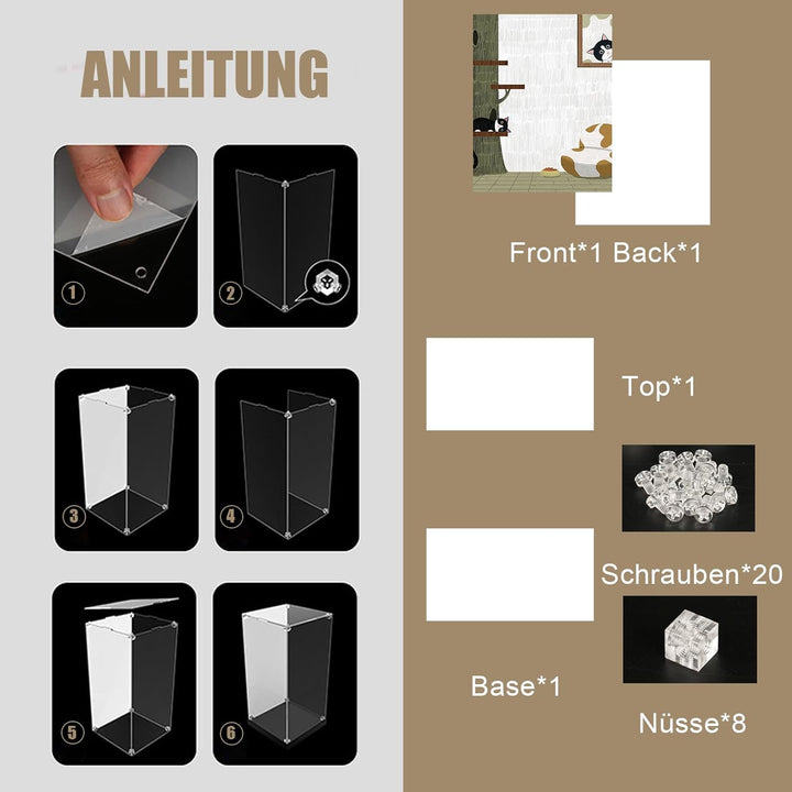 cooldac Acryl-Vitrine kompatibel mit Lego 21349 - Schwarz-weisse Katze, Staubdichte mit HD-animierte