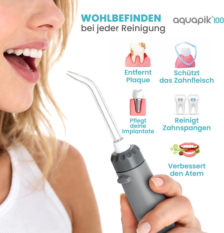 Aquapik® 100 professionelle Munddusche | Plaqueentferner + von Zahnärzten empfohlen | 8 Düsen, 10 Dr