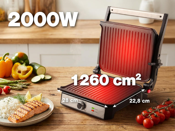 Kontaktgrill 2000W, Elektrogrill 2in1 Kontaktgrill & Tischgrill, Panini Grill mit Antihaftplatten, T