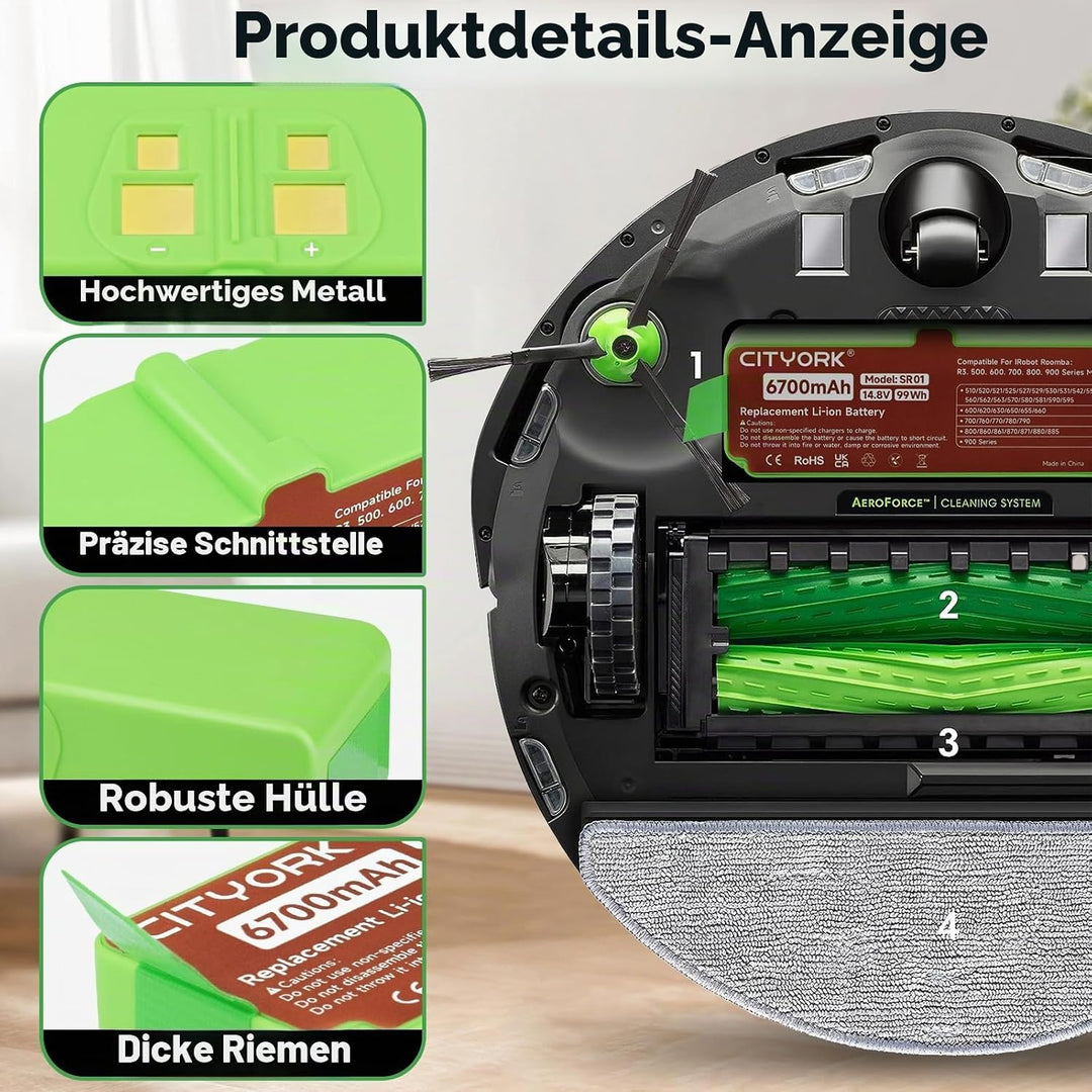 CITYORK 6700mAh Li-ion Ersatz Akku für iRobot Roomba 980 981 985 960 968 966 965 900, 880 896 895 89
