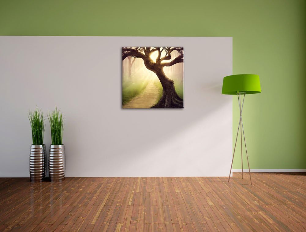 Riesiger Baum am Waldweg, Format: 70x70 auf Leinwand, XXL riesige Bilder fertig gerahmt mit Keilrahm