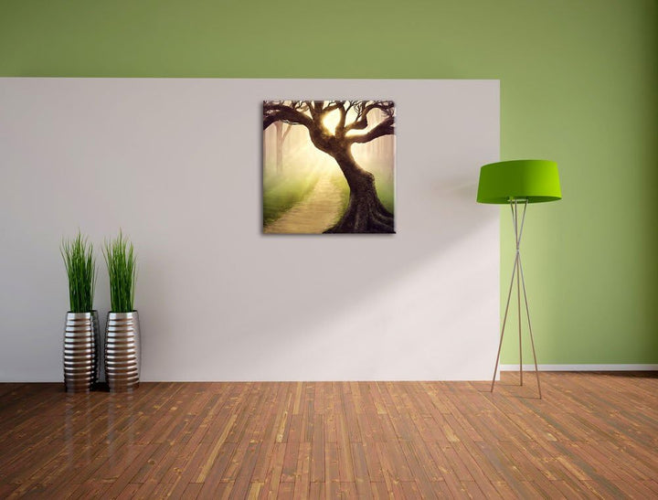Riesiger Baum am Waldweg, Format: 70x70 auf Leinwand, XXL riesige Bilder fertig gerahmt mit Keilrahm