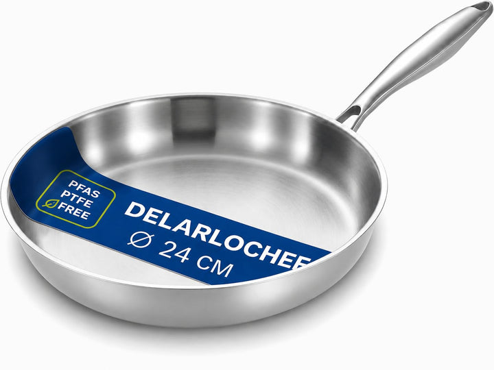 Bratpfanne 24 cm, Unbeschichtete Edelstahlpfanne für Induktion, Durchgehend 3-lagig, Backofenfest bi
