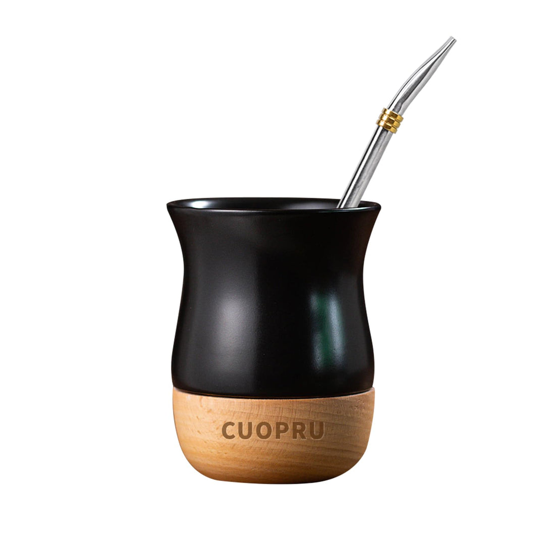 Yerba Mate Keramiktasse mit originalem Holzsockel, 237 ml, inklusive Mate-Kürbis, Bombilla-Strohhalm