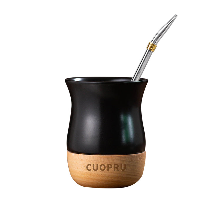 Yerba Mate Keramiktasse mit originalem Holzsockel, 237 ml, inklusive Mate-Kürbis, Bombilla-Strohhalm
