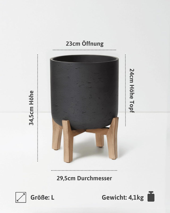 Finestgreen Charlie Feet Low | Handgefertigtes Pflanzgefäss auf Holzfüssen (L Ø:29,5 H:34,5 cm, Schw
