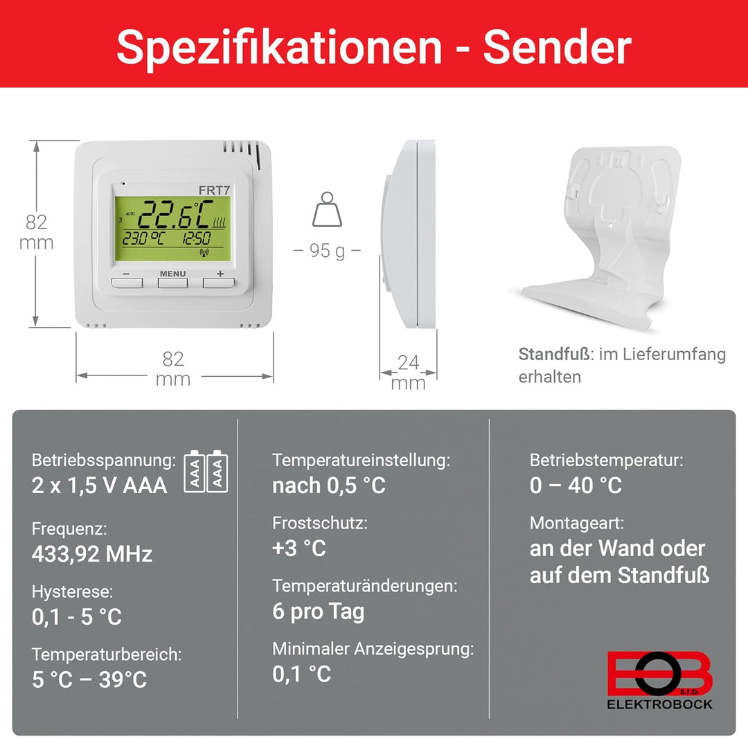 ELEKTROBOCK FRT7B3 Funk-Raumthermostat mit Standfuss | Überall hinstellen | mit Empfänger | 𝑳𝓐𝑵𝐆𝑳𝜠𝓑𝑰