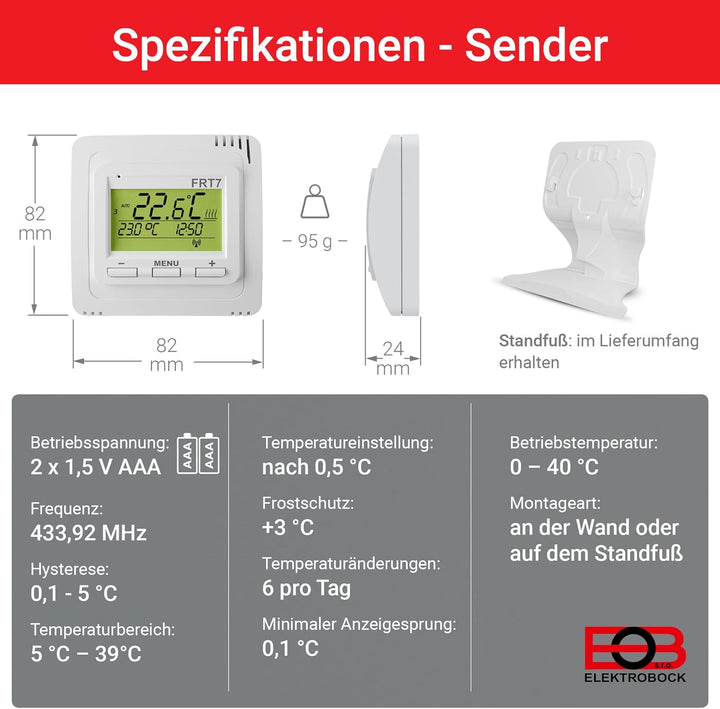 ELEKTROBOCK FRT7B3 Funk-Raumthermostat mit Standfuss | Überall hinstellen | mit Empfänger | 𝑳𝓐𝑵𝐆𝑳𝜠𝓑𝑰