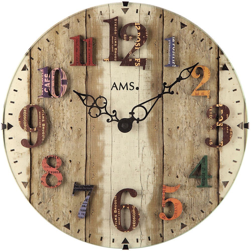 AMS 9423 Wanduhr Quarzuhr Bunte arabische Zahlen Dekouhr Holz-Optik Runde Form