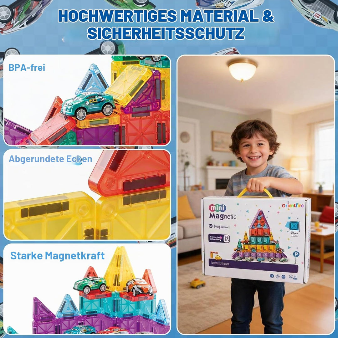 93 PCS Magnetic Tiles Mini Magnetic Building Tiles with Cars, Travel Magnetic Tiles with Storage Bag