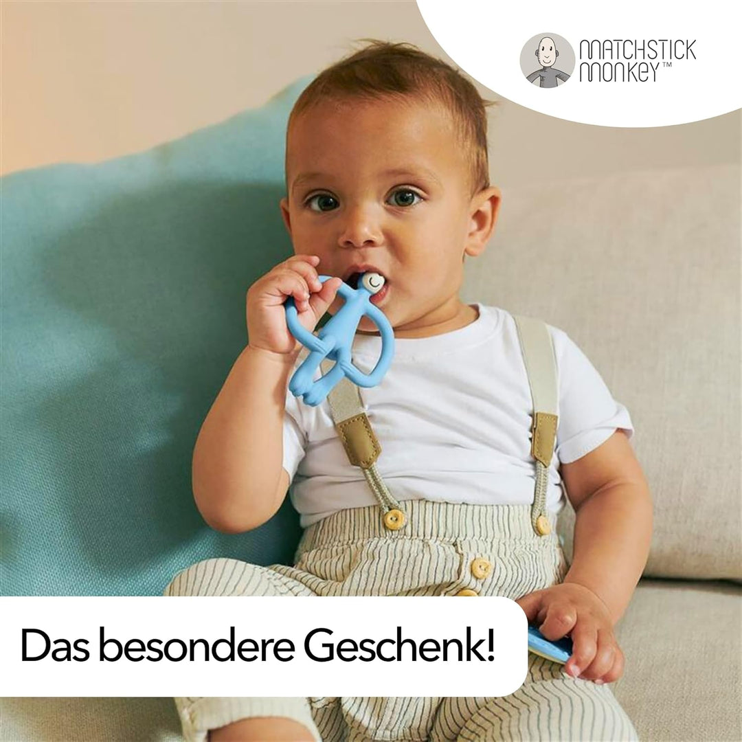 Matchstick Monkey Zahnungs Starter-Set – Flacher Beissring, Tier-Beissring & 2 Silikon-Fingerzahnbür