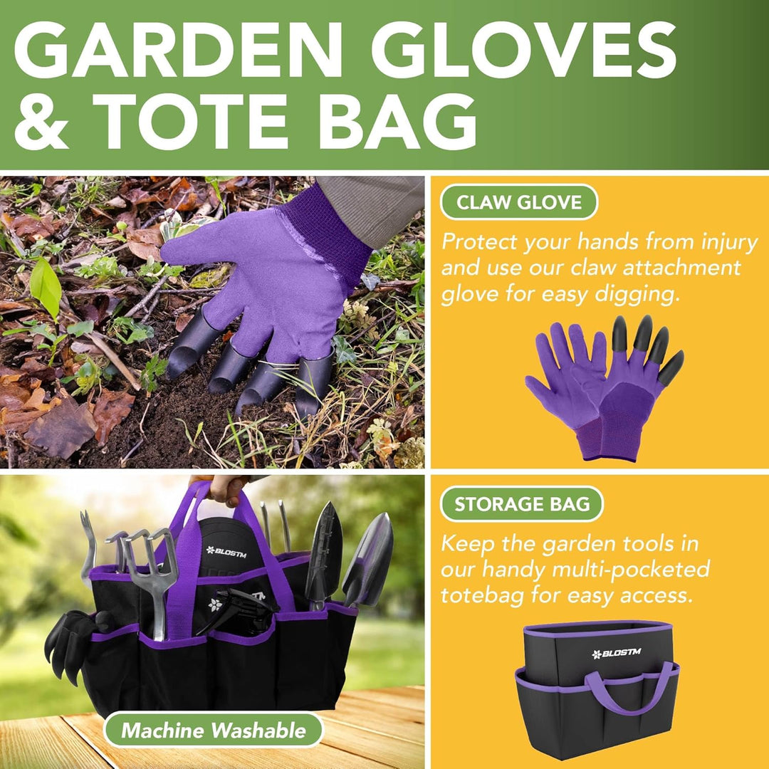 BLOSTM Gartenwerkzeug-Set, 11-teilig, robustes Gartengeräte-Set mit wasserdichter Tragetasche, rostf