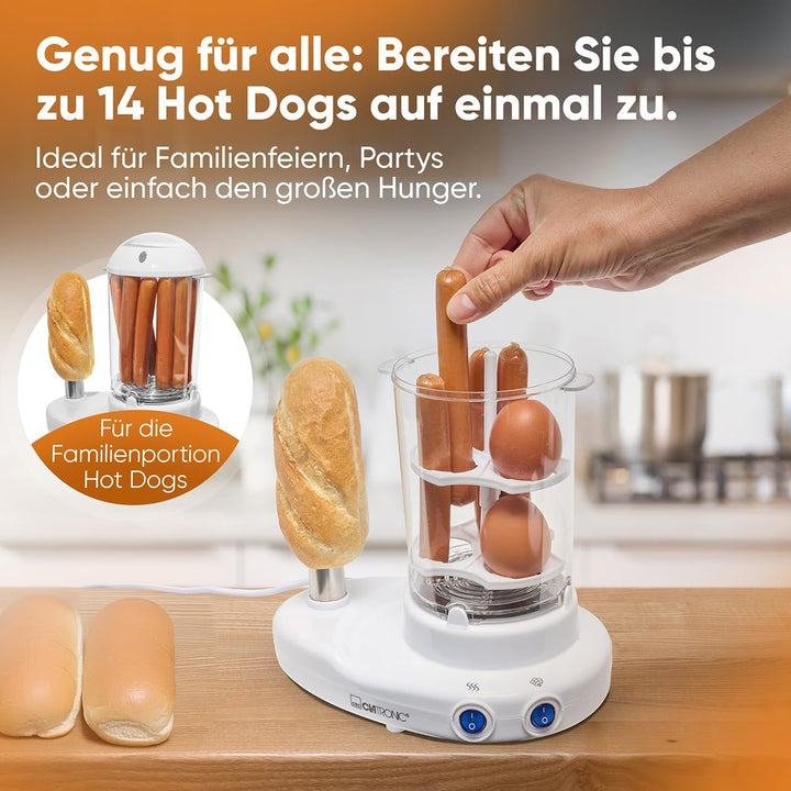 Clatronic HDM 3420 Hot-Dog-Maker inklusiv Eierkocher, Für 1 bis 14 Würstchen (z. B. „Frankfurter“, „