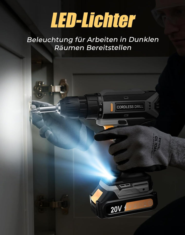 Akkuschrauber, 20V Akku Bohrschrauber, 25+1 Drehmomentstufen Akkubohrer, 42Nm Max Drehmoment, LED-Li