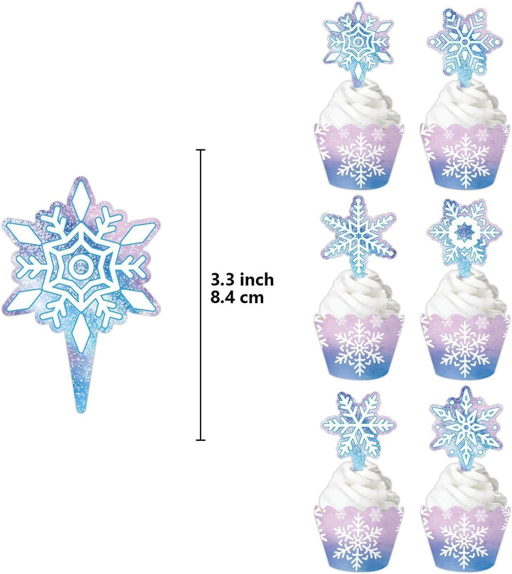 Blau-lila Schneeschloss-Tortenständer, Cupcake-Ränder und kleine Dekostäbchen, Schneeschloss, dreist