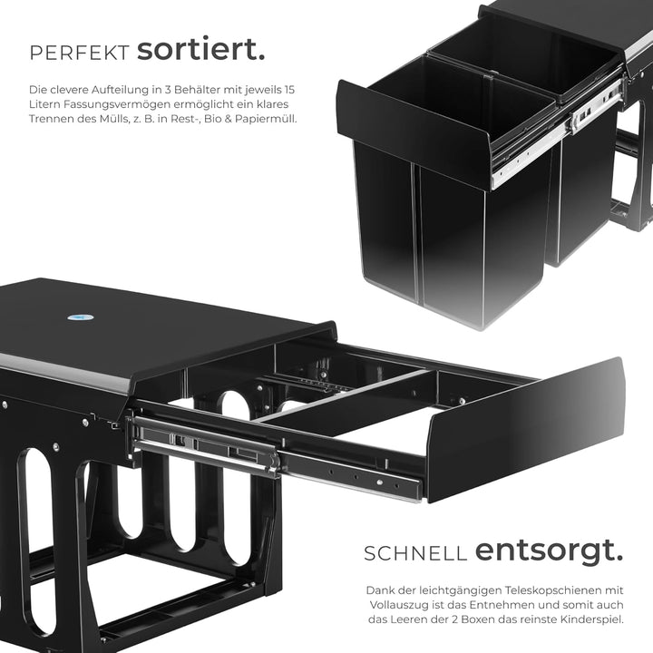 tectake® Abfallsammler, Mülleimer 2 Fächer, Mülltrennsystem Küche, für Schrank, Mülleimer Küche ausz