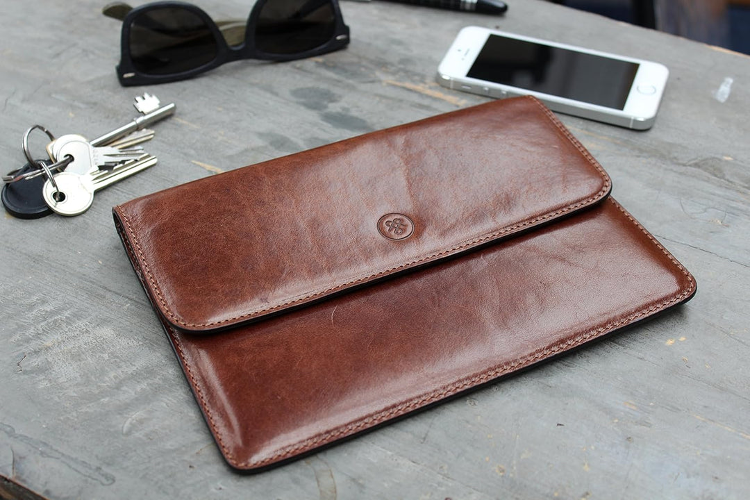 Maxwell Scott Handgefertigte Leder Reisedokumentenmappe Torrino in Cognac Braun, Cognac Braun