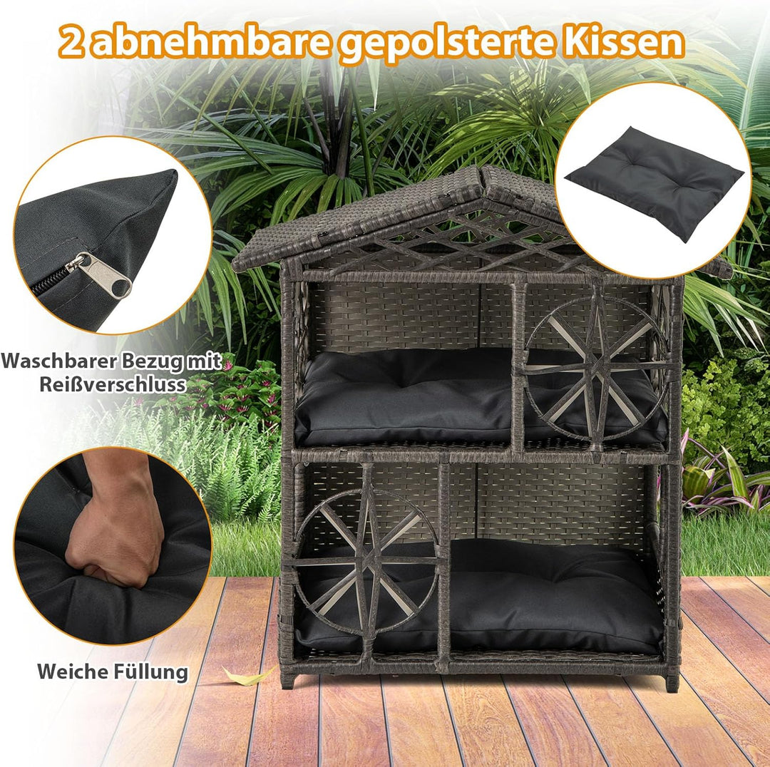 COSTWAY Katzenhaus Rattan, Katzenhütte Outdoor, mit Asphaltdach, abnehmbaren Kissens, Fenstern, Hund