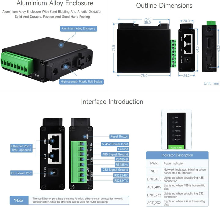 Waveshare RS232 RS485 to RJ45 Ethernet Serial Server Dual Channels Independent Operation Dual Ethern