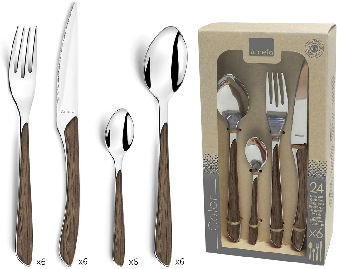 Amefa ECLAT Besteck Set | NATURE dunkles Holz | Essbesteck 24-teilig für 6 Personen | Edelstahl rost