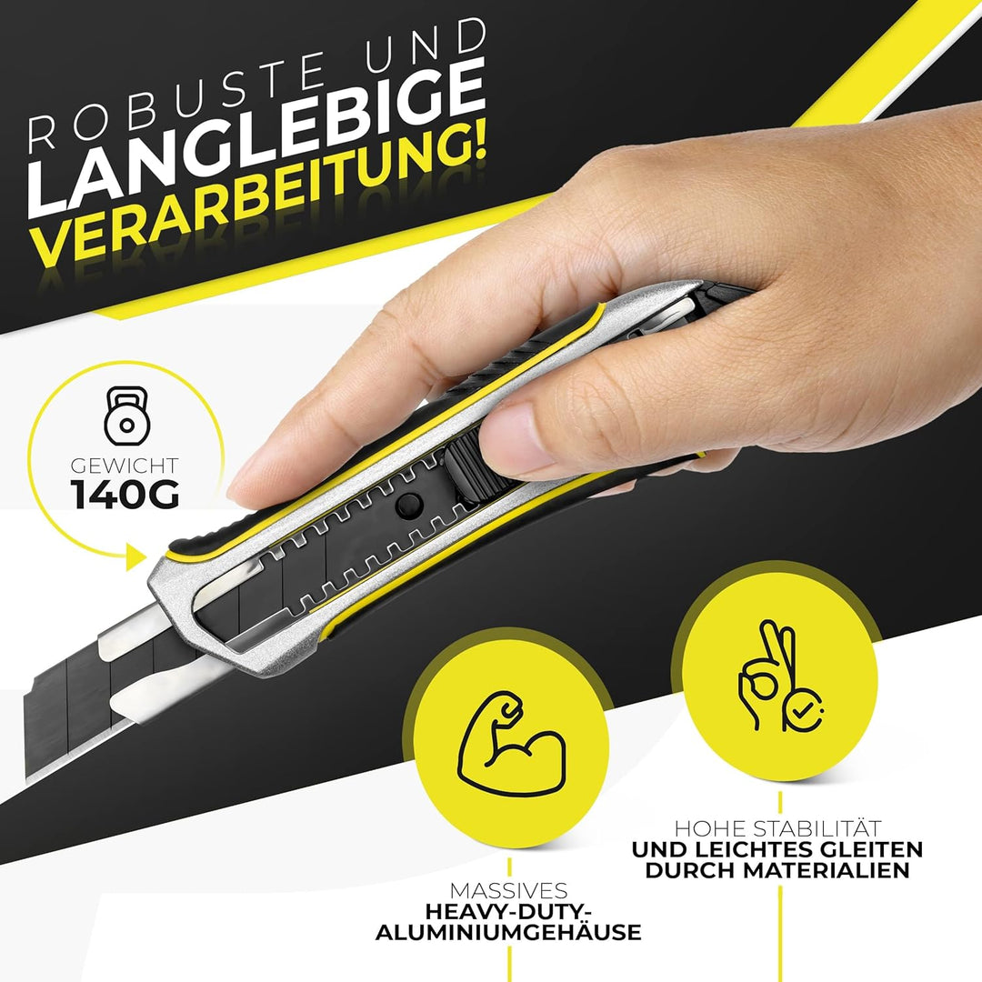 Precise Lines [3er Set] Profi Cuttermesser 18mm | Heavy-Duty-Gehäuse mit versenktem Schieberegler un