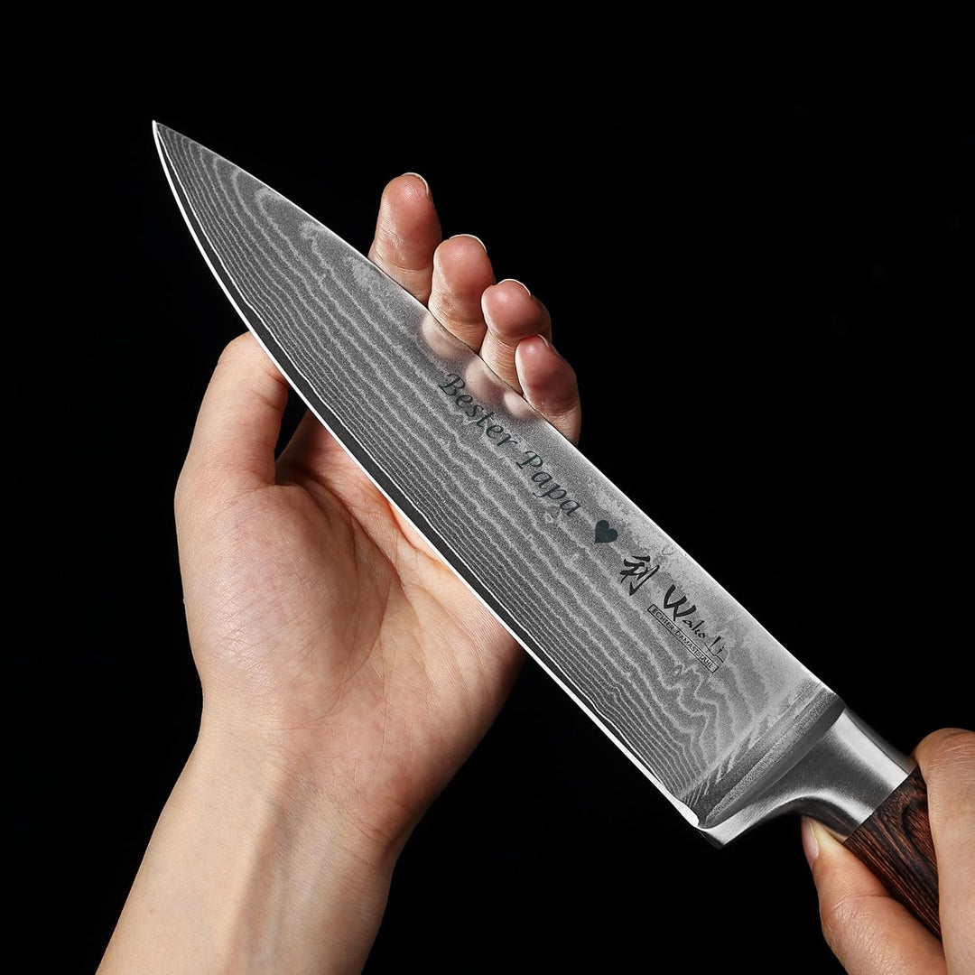 Wakoli EDIB Damast Chefmesser mit Gravur – Personalisiertes Messer, 20cm Klinge aus 67 Lagen Damasts