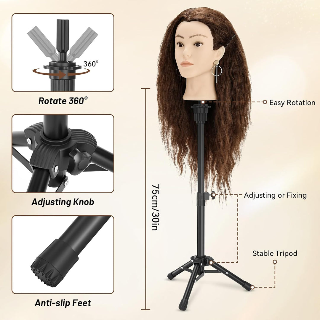 Frisierkopf Echthaar mit Stativ, Trainingskopf mit 90% Echthaar 61cm/24inch, Schaufensterpuppe Kopf