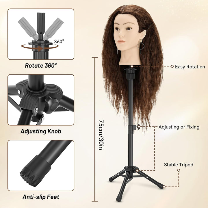 Frisierkopf Echthaar mit Stativ, Trainingskopf mit 90% Echthaar 61cm/24inch, Schaufensterpuppe Kopf