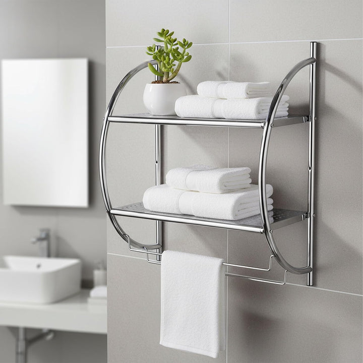 Relaxdays Badregal, Wandregal mit 2 Ablagen, 2 Handtuchstangen, HBT 54,5 x 44,5 x 25,5 cm, Badezimme