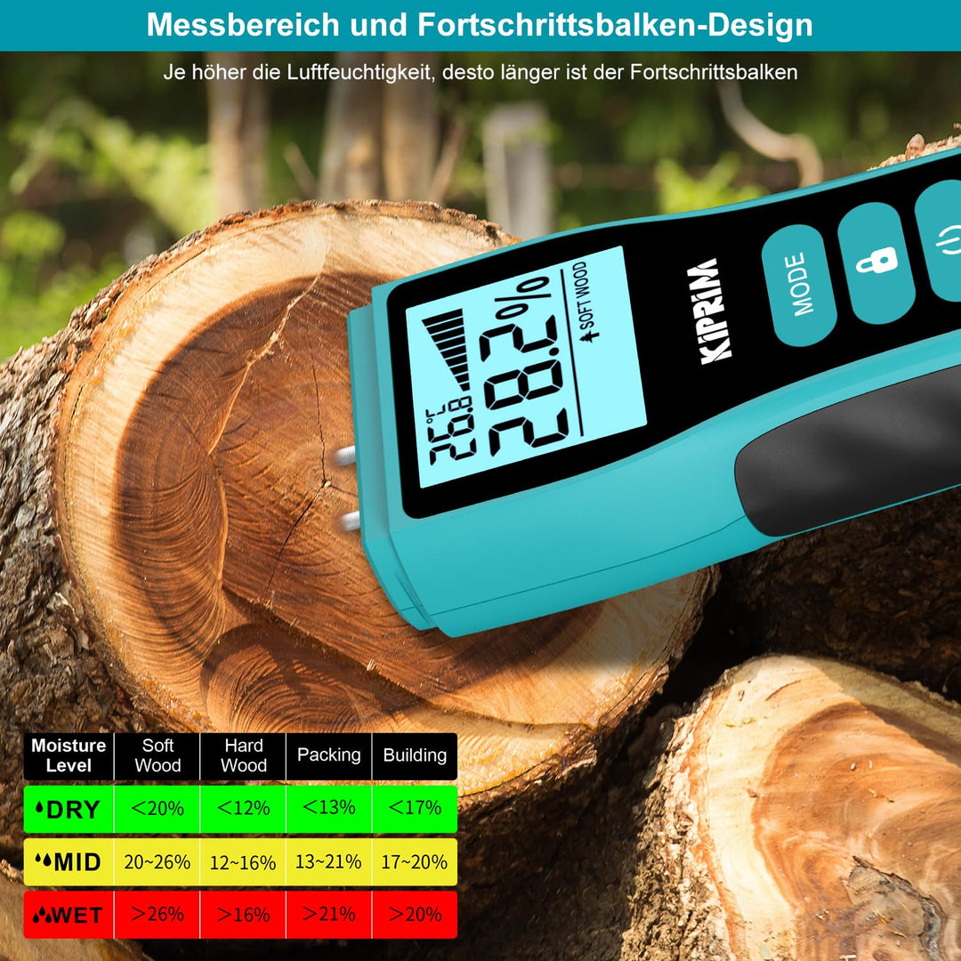 Kiprim Feuchtigkeitsmessgerät mit Stiften für Holz, Wand, Beton, Karton – Digitales Holzfeuchtemessg