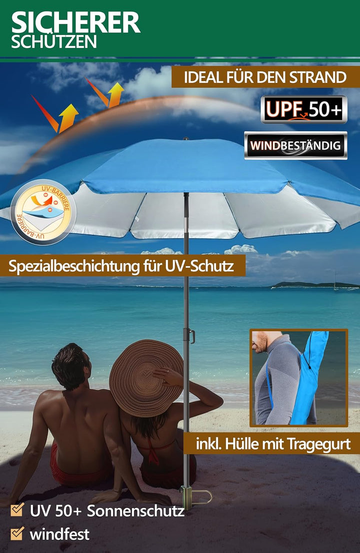 4smile Sonnenschirm Strand 3-IN-1 SET mit Rasendorn, Ø 180 cm, Blau | Strandschirm windfest stabil +