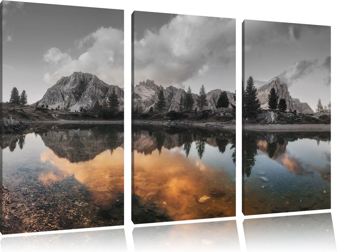 Pixxprint Bunte Dolomiten am See Limides B&W Detail 3-Teiler Leinwandbild 120x80 Bild auf Leinwand