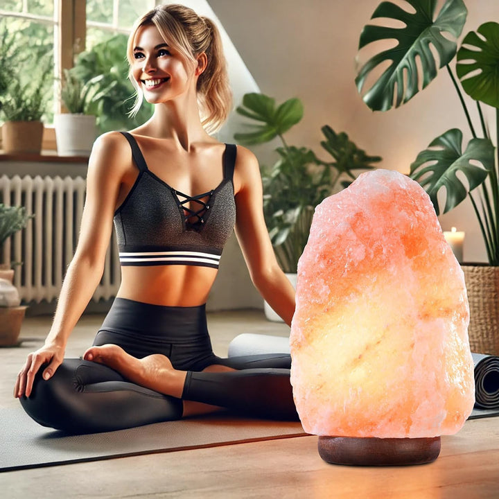 Lunartec Salzsteinlampe gross: Grosse Salzkristall-Lampe mit Echtholzständer, LED-Leuchtmittel, 5-7