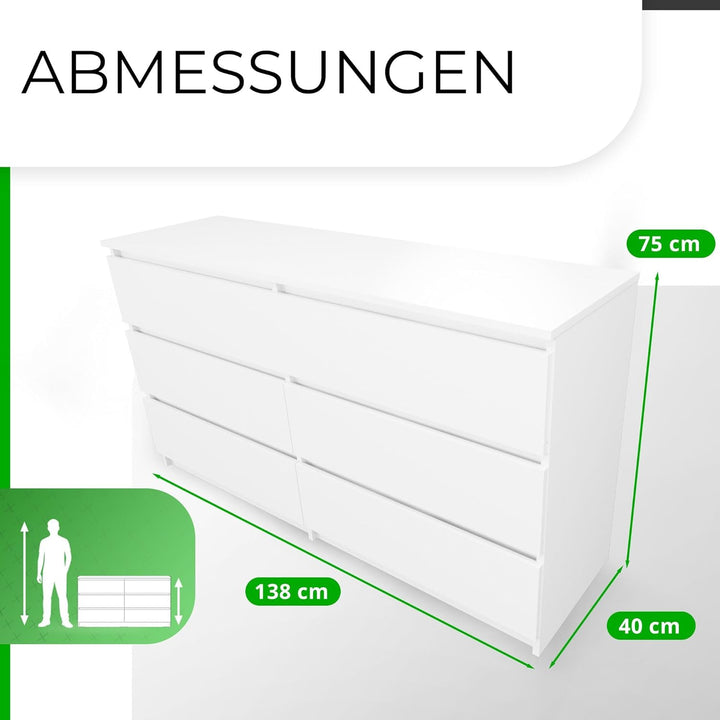 CDF Kommode Weiss mit 6 Schubladen 40 cm Tief Komodenschrank Komode für Wohnzimmer Schlafzimmer Schu