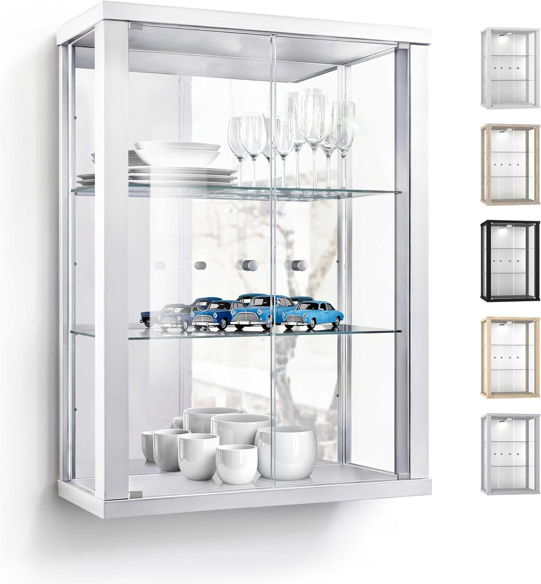 K-Möbel Hängevitrine in Weiss (80x60x25 cm) mit 2 höhenverstellbaren Glasböden & Spiegel - Modellaut