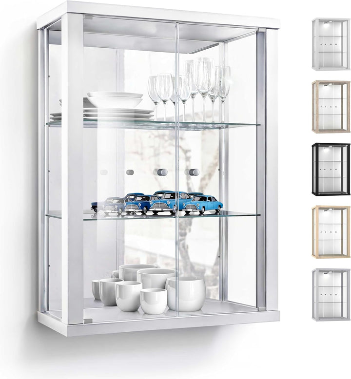 K-Möbel Hängevitrine in Weiss (80x60x25 cm) mit 2 höhenverstellbaren Glasböden & Spiegel - Modellaut