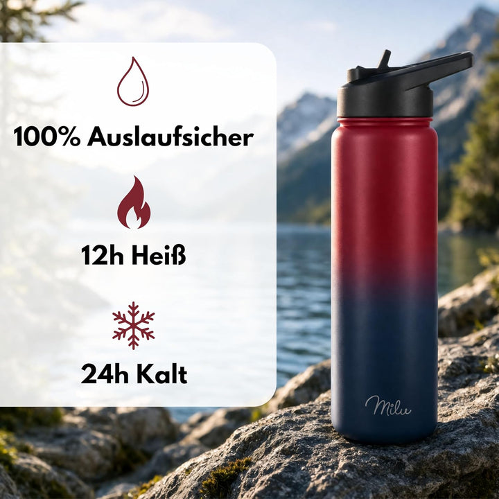 Milu Edelstahl Trinkflasche 500ml, 750ml, 1000ml (+3 Deckel) - Thermosflasche mit Strohhalm, Isolier
