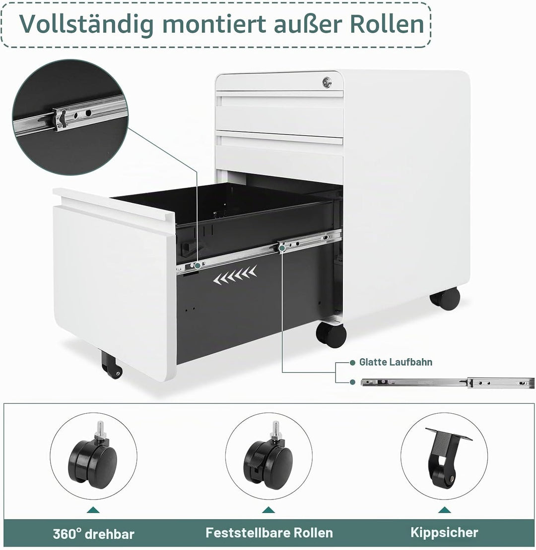 Dripex Metall Rollcontainer Stahl Rollcontainer mit 3 Schubladen und Hängeregistratur Abschliessbare