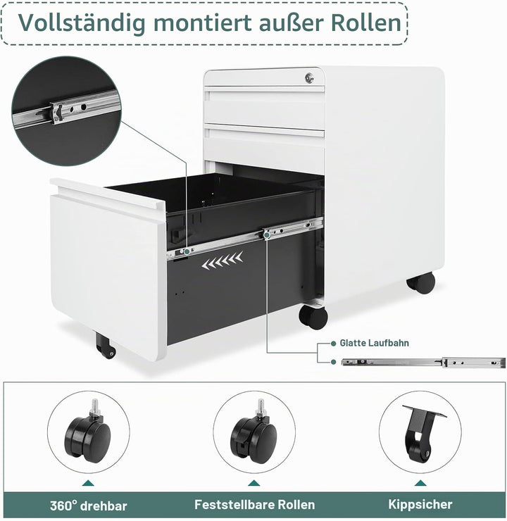 Dripex Metall Rollcontainer Stahl Rollcontainer mit 3 Schubladen und Hängeregistratur Abschliessbare