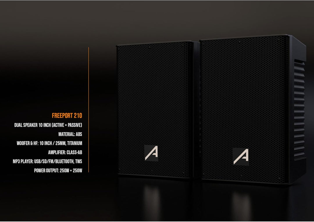 Audibax Freeport 210 – Set mit 2 Aktiven und Passiven 10-Zoll-Lautsprechern – 250W Leistung – USB/SD