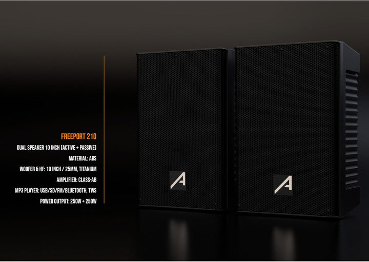 Audibax Freeport 210 – Set mit 2 Aktiven und Passiven 10-Zoll-Lautsprechern – 250W Leistung – USB/SD