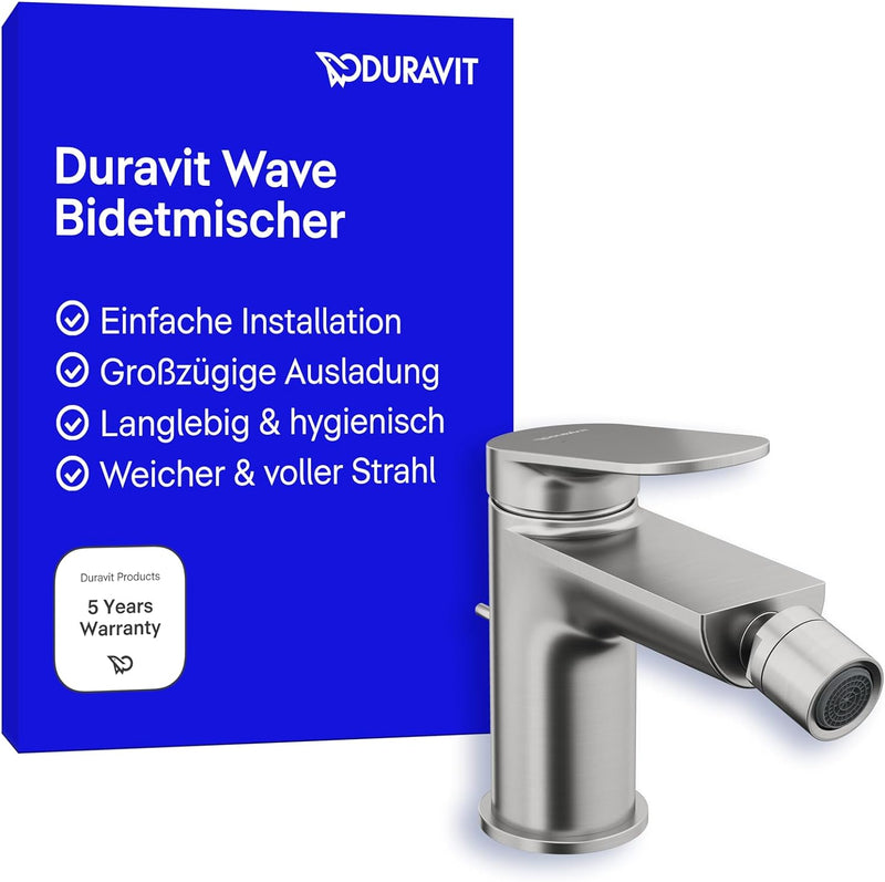 Duravit Wave Einhebel-Bidetarmatur (Auslauf Höhe 85 mm), Bidetmischer mit Zugstangen-Ablaufgarnitur,