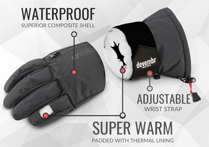 devembr Advanced Ski-Handschuhe mit Handgelenkschutz und Herausnehmbarem Innenfutter (S/M/L), S