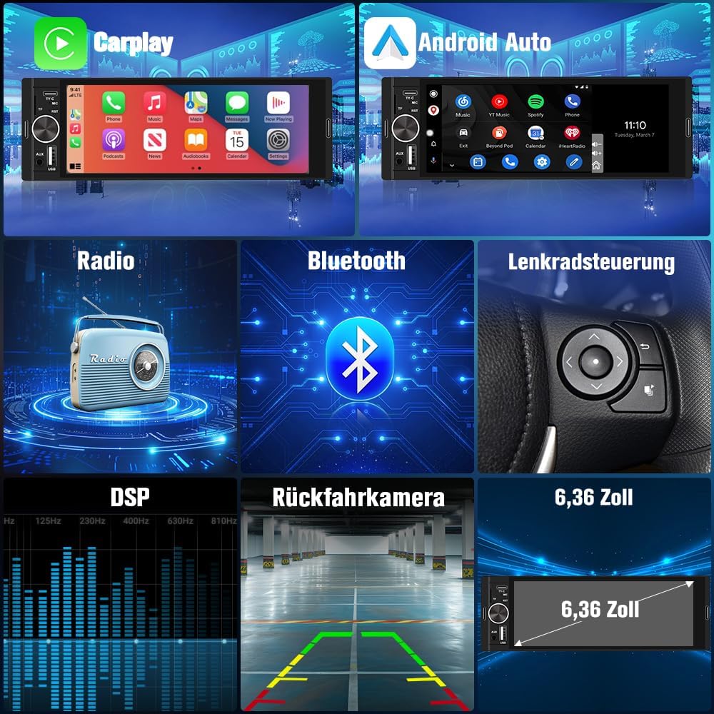 Junsun Smartes 1 DIN Autoradio mit 6,36 Zoll Touchscreen mit Rückfahrkamera | wired and wireless Car